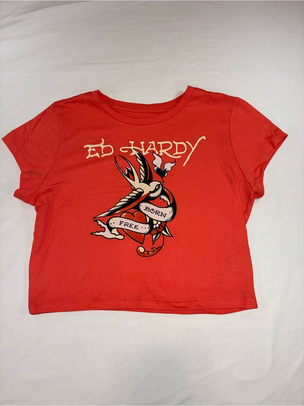 Ed Hardy Red/Orange Short Sleeve Crop Tee with Swallow 'Born Free' Graphic